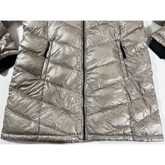 Y2K Andrew Marc XXL Metallic Hooded Down Puffer Coat 650 Fill Taupe Minimalist - Picture 6 of 14